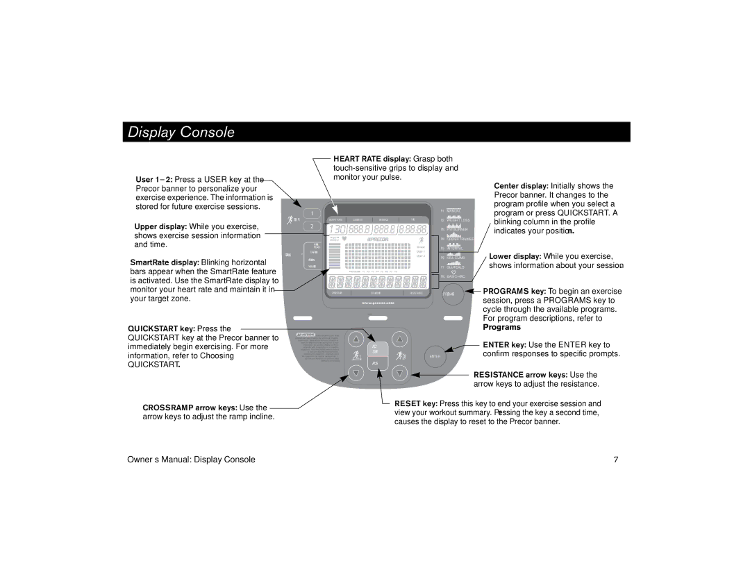 Precor efx 5.25, EFX 5.23 manual Display Console, 130 888.8 888.8 