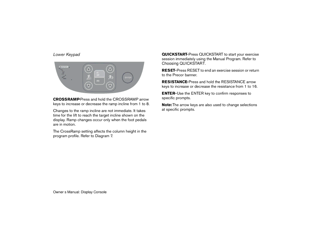 Precor EFX 5.23, efx 5.25 manual Lower Keypad, Start 