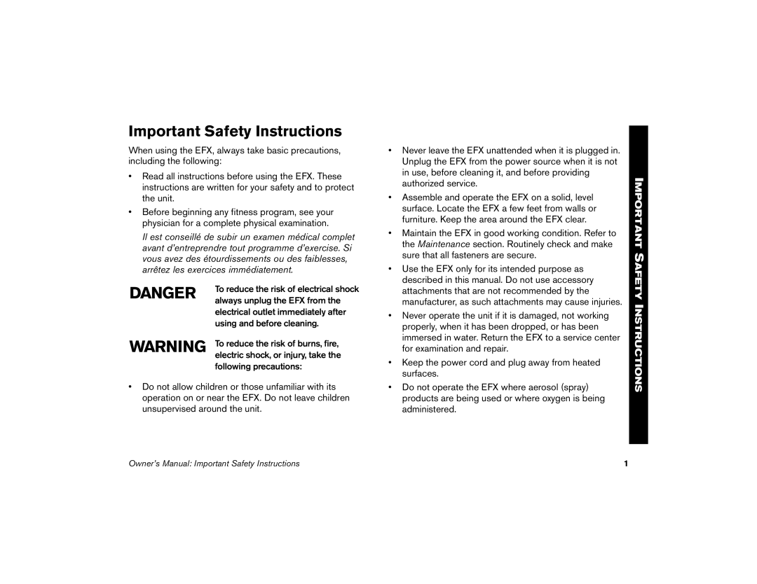 Precor efx 5.25, EFX 5.23 manual Important Safety Instructions 