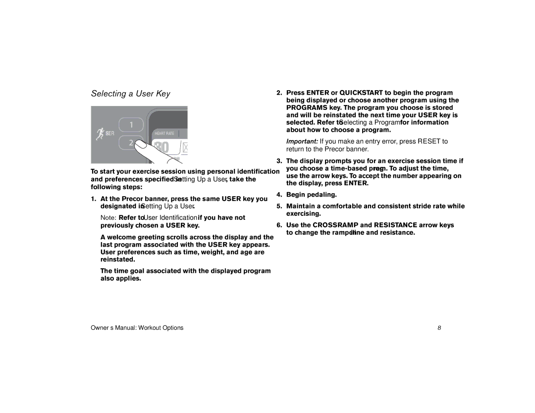 Precor EFX 5.23, efx 5.25 manual 130, Selecting a User Key 