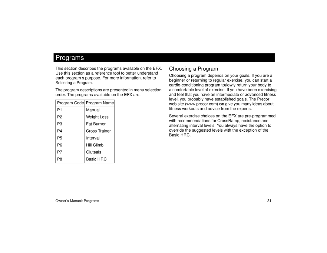 Precor efx 5.25, EFX 5.23 manual Programs, Choosing a Program 