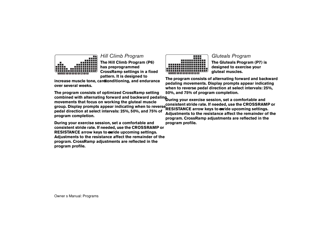 Precor efx 5.25, EFX 5.23 manual Hill Climb Program, Gluteals Program 