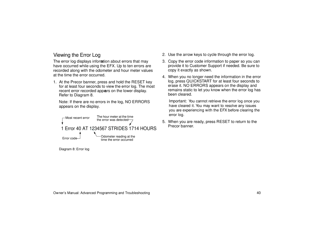 Precor EFX 5.23, efx 5.25 manual Viewing the Error Log, ‐Error 40 AT 1234567 Strides 1714 Hours 