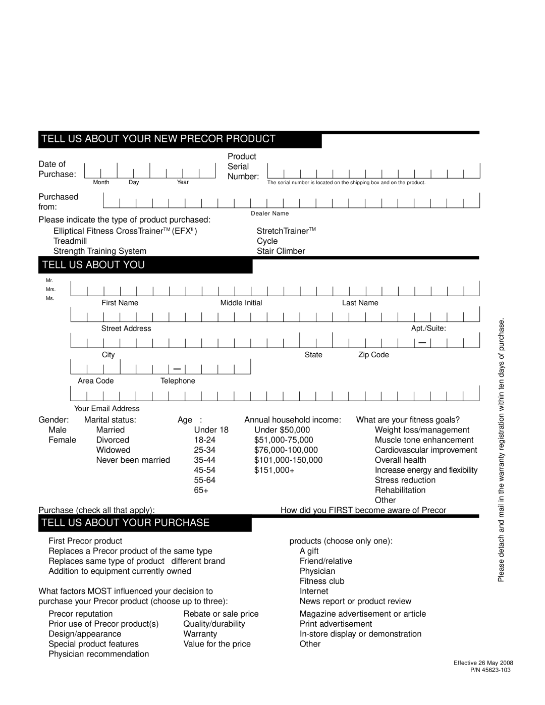 Precor efx 5.25, EFX 5.23 manual Tell US about Your NEW Precor Product 