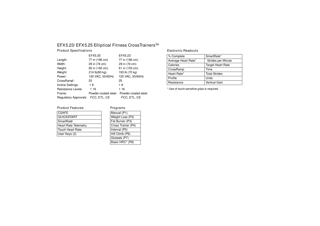 Precor efx 5.25, EFX 5.23 manual EFX5.23/EFX5.25 Elliptical Fitness CrossTrainersTM, Product Specifications 