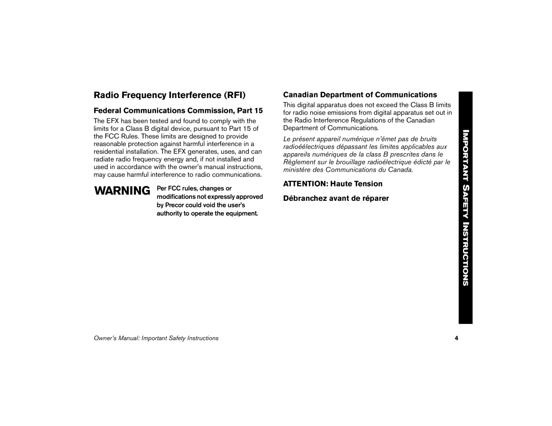 Precor EFX 5.23 Radio Frequency Interference RFI, Federal Communications Commission, Part, Débranchez avant de réparer 