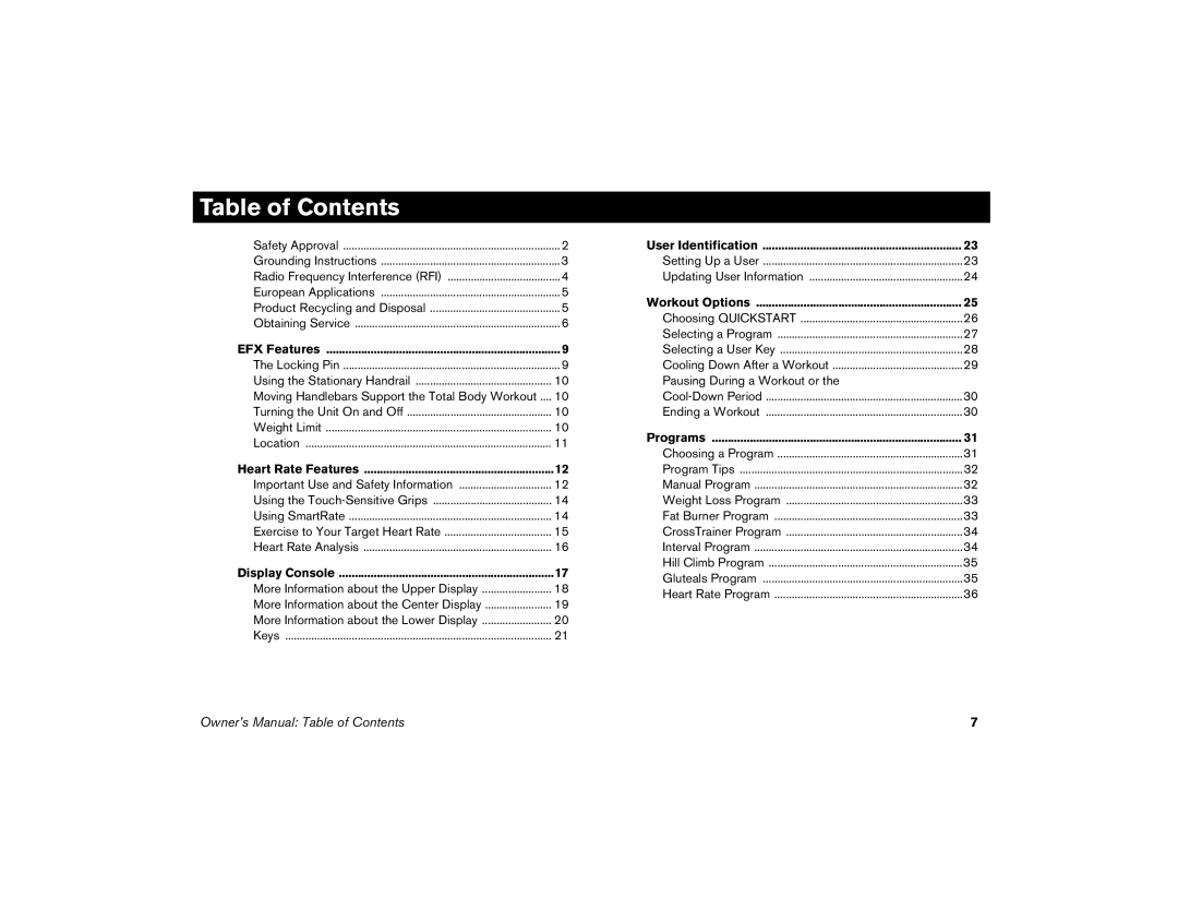 Precor efx 5.25, EFX 5.23 manual Table of Contents 