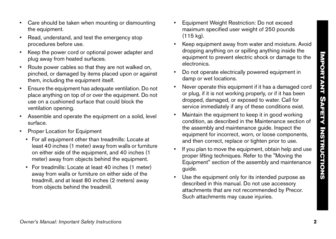 Precor efx 5.25 manual Important Safety Instructions 