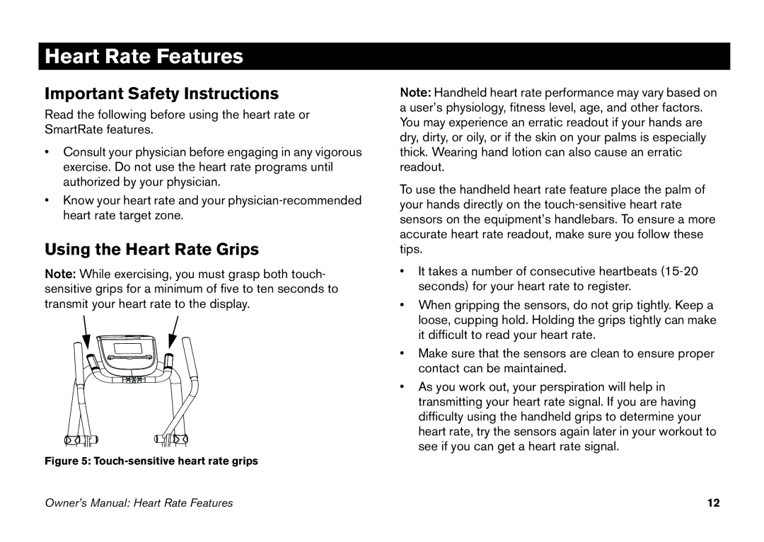 Precor efx 5.25 manual Heart Rate Features, Important Safety Instructions, Using the Heart Rate Grips 