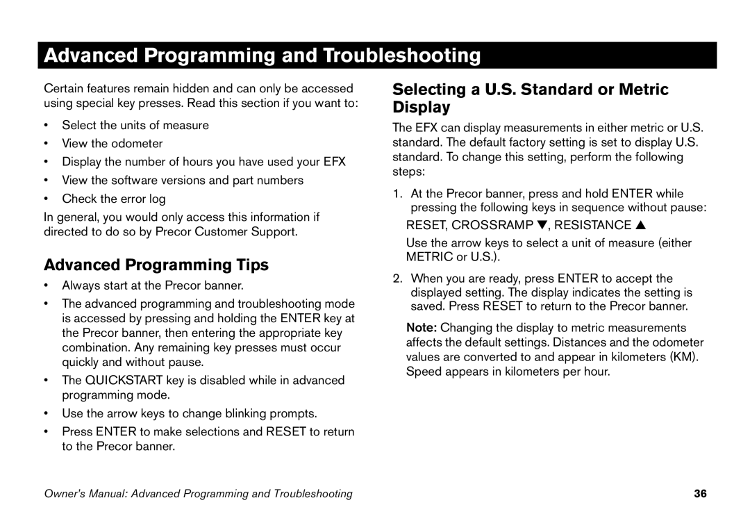 Precor efx 5.25 manual Advanced Programming and Troubleshooting, Advanced Programming Tips 