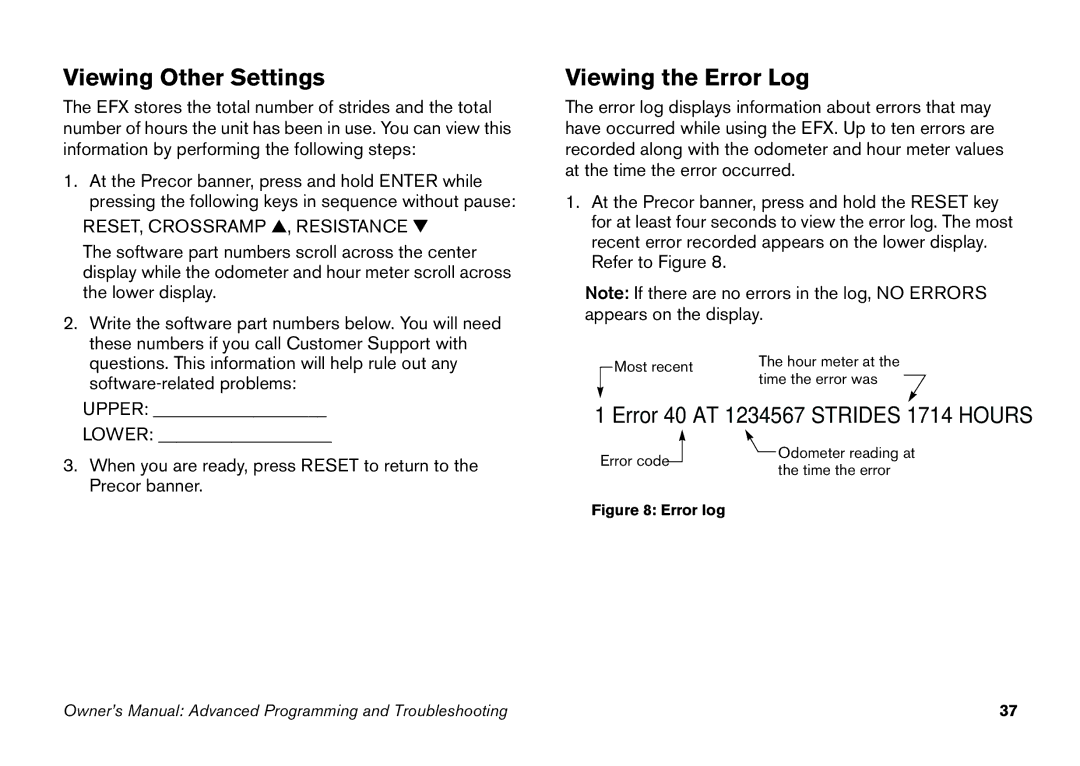 Precor efx 5.25 manual Viewing Other Settings, Viewing the Error Log 