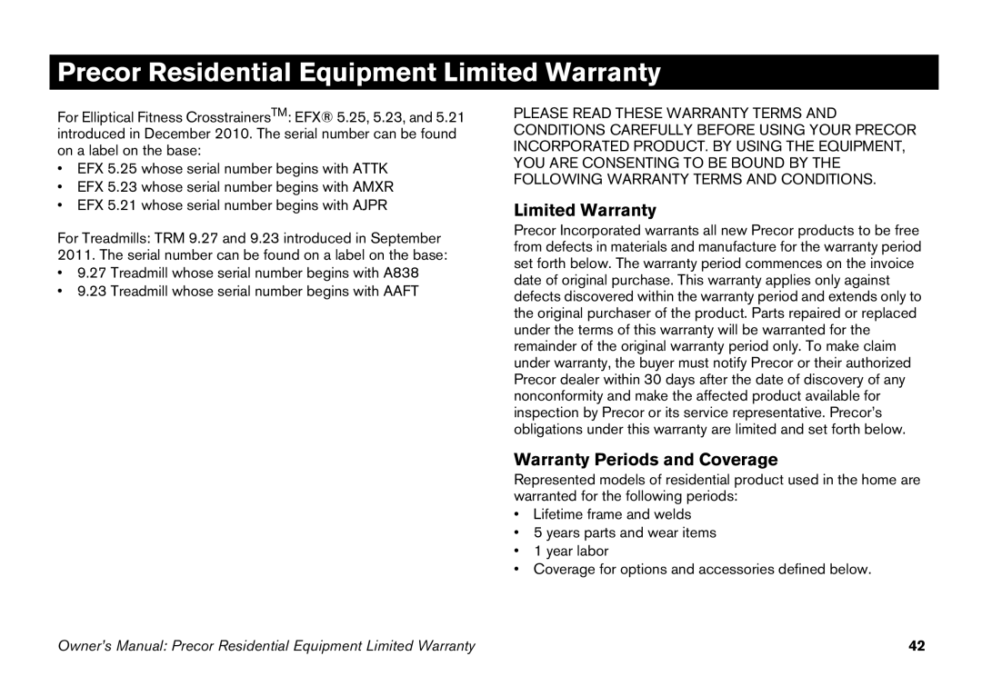 Precor efx 5.25 manual Precor Residential Equipment Limited Warranty 