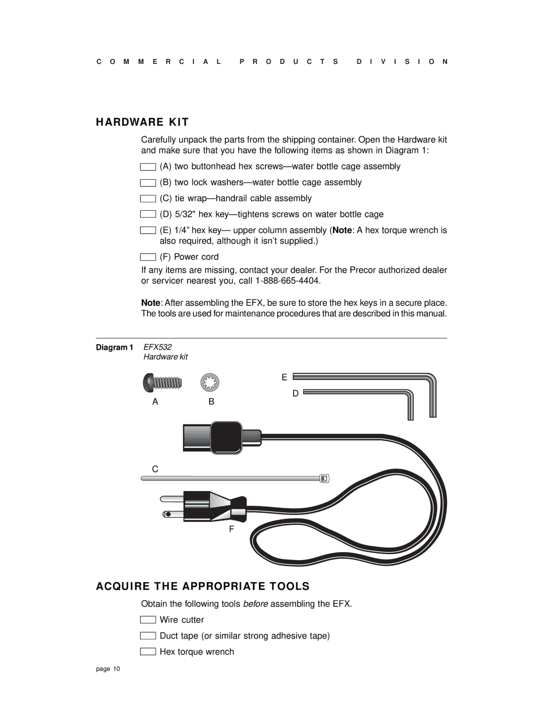 Precor EFX 532 owner manual Hardware KIT, Acquire the Appropriate Tools 