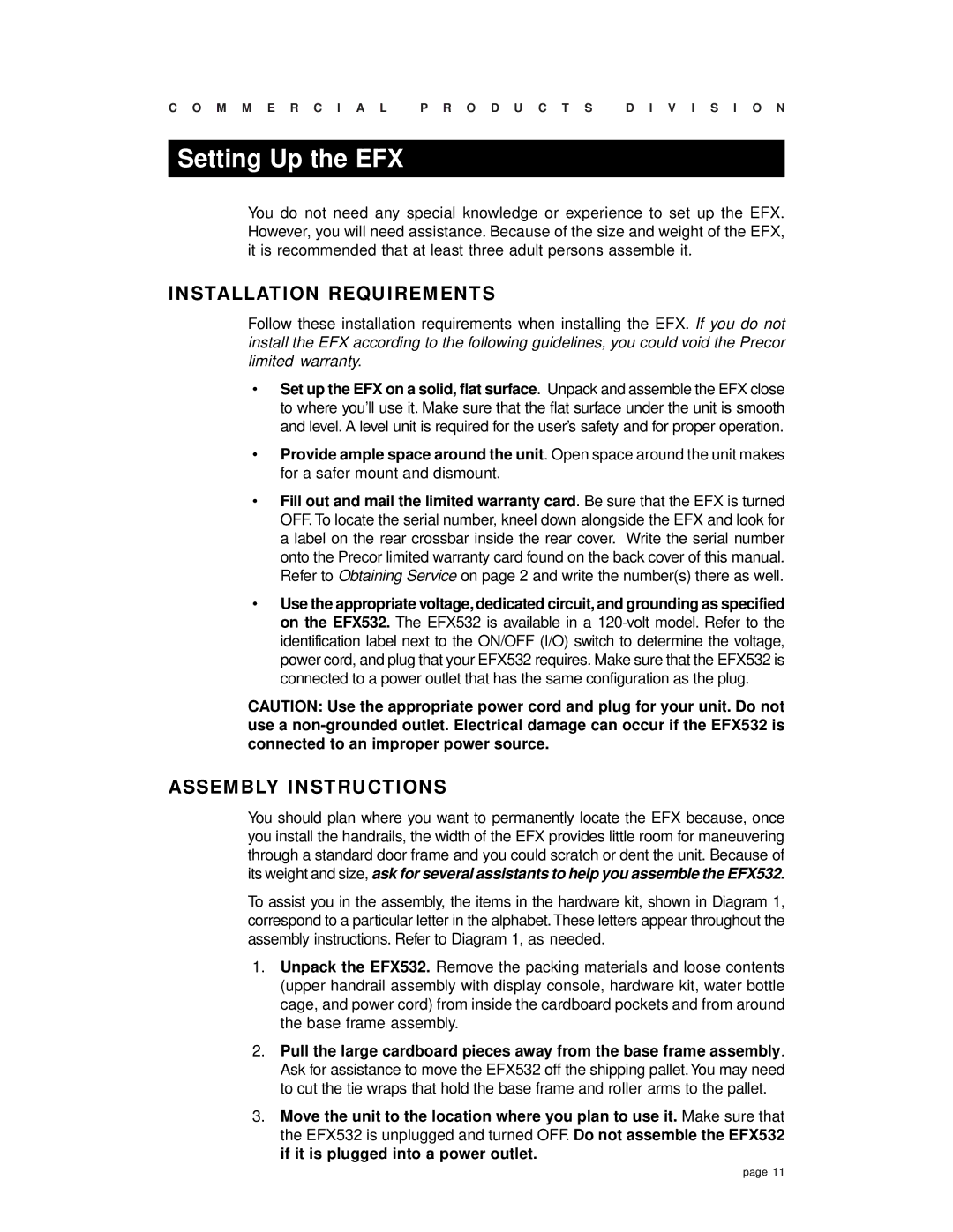 Precor EFX 532 owner manual Setting Up the EFX, Installation Requirements, Assembly Instructions 