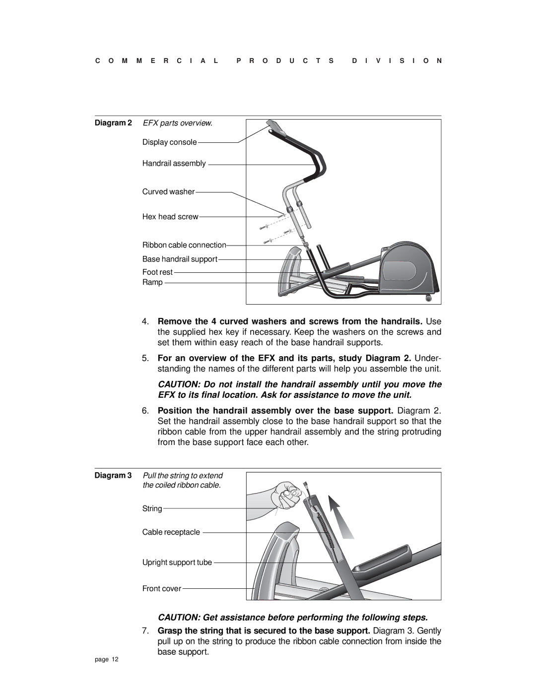 Precor EFX 532 owner manual String Cable receptacle Upright support tube Front cover 