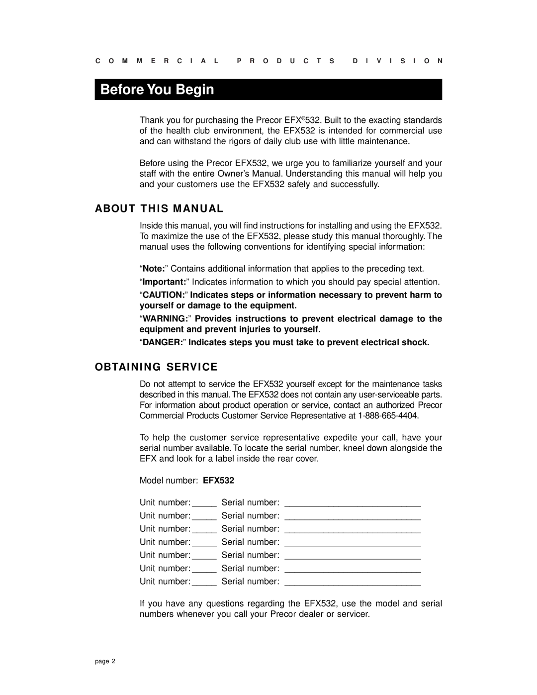 Precor EFX 532 owner manual Before You Begin, About this Manual, Obtaining Service 