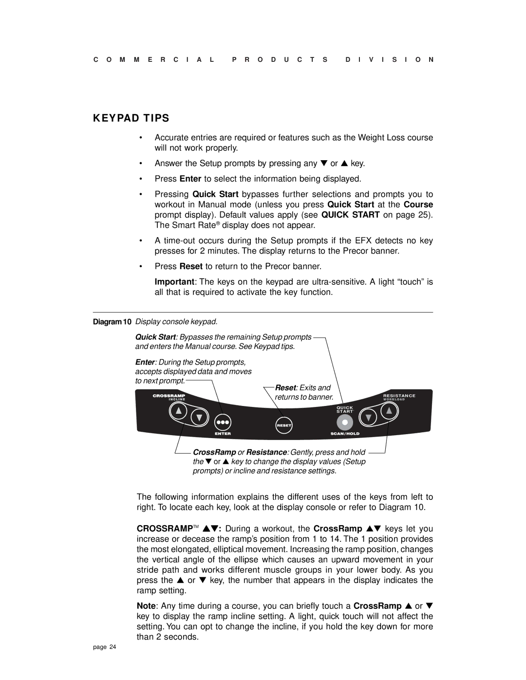 Precor EFX 532 owner manual Keypad Tips, Diagram 10 Display console keypad 