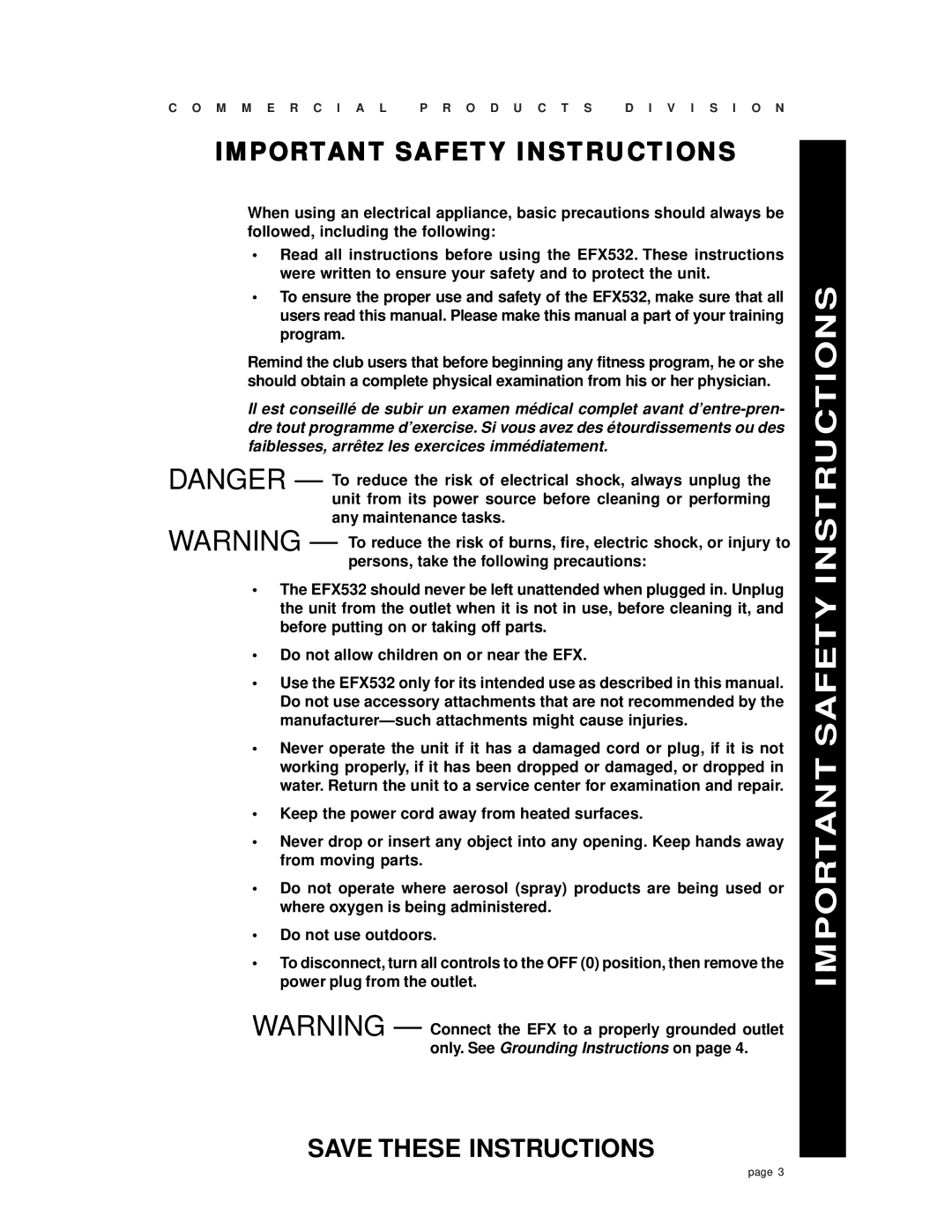 Precor EFX 532 owner manual Important Safety Instructions 