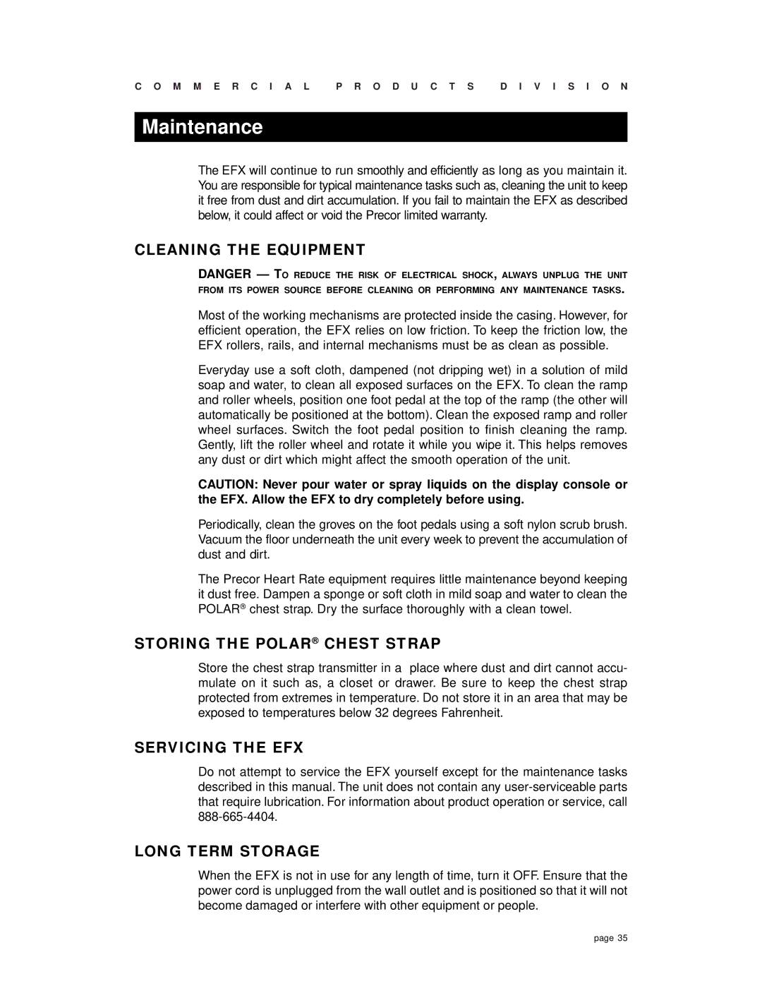 Precor EFX 532 Maintenance, Cleaning the Equipment, Storing the Polar Chest Strap, Servicing the EFX, Long Term Storage 