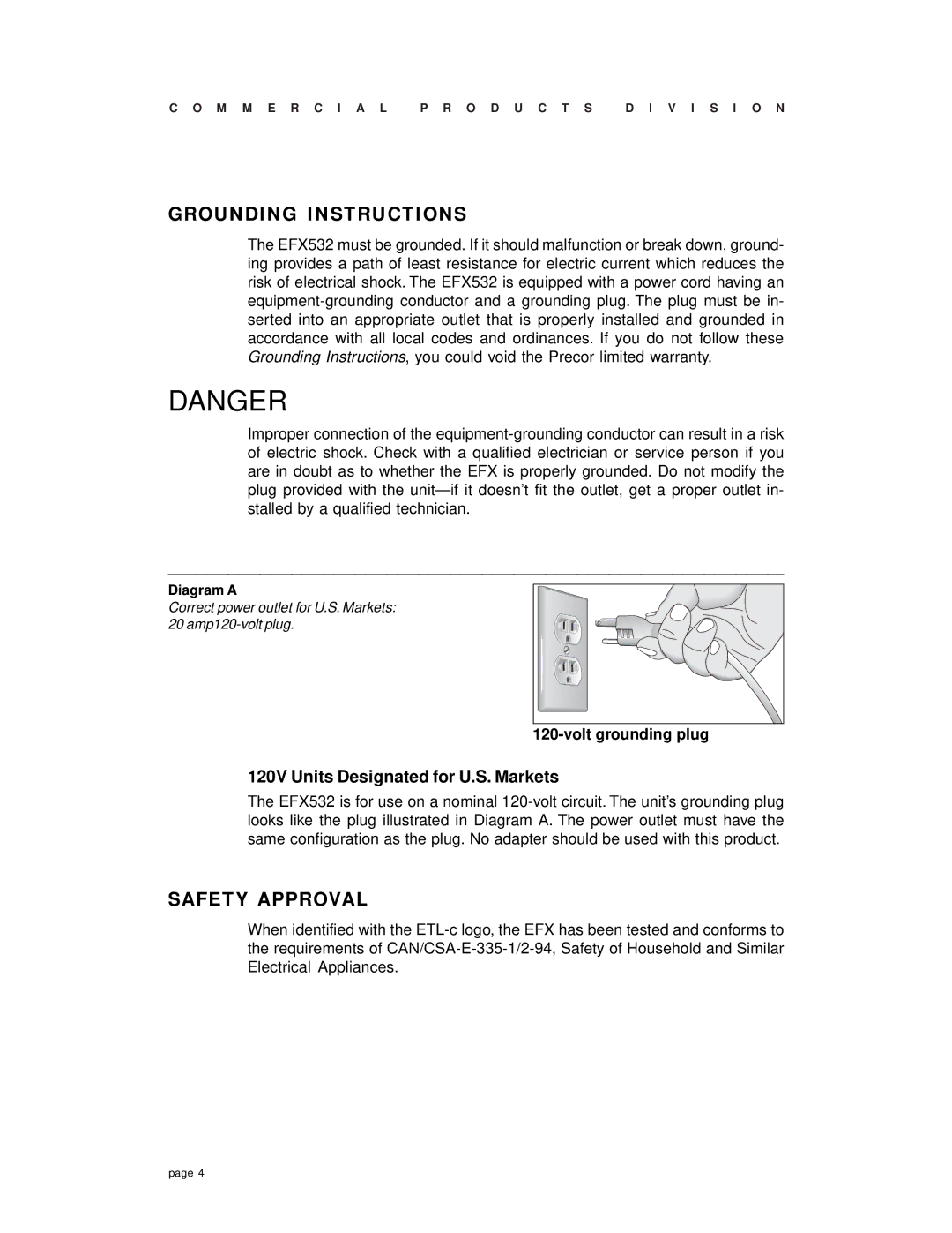 Precor EFX 532 owner manual Grounding Instructions, Safety Approval, Volt grounding plug 