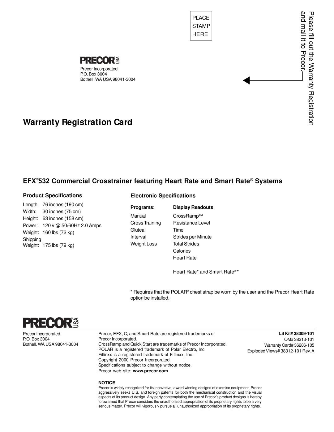 Precor EFX 532 owner manual Warranty Registration Card, Product Specifications Electronic Specifications 