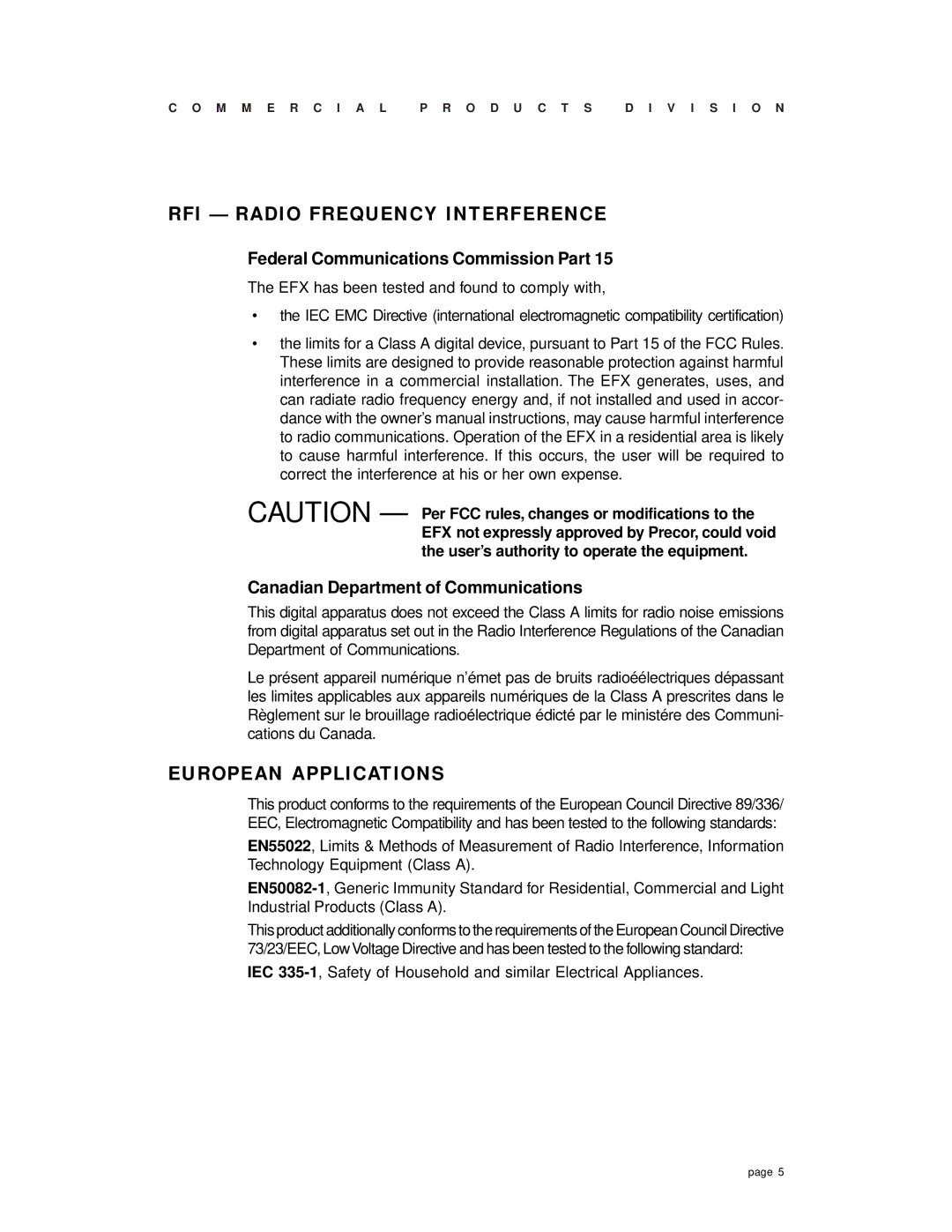 Precor EFX 532 owner manual RFI Radio Frequency Interference, European Applications 