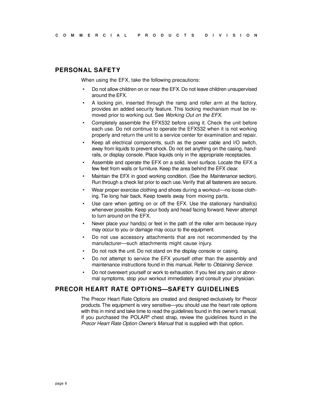 Precor EFX 532 owner manual Personal Safety, Precor Heart Rate OPTIONS-SAFETY Guidelines 