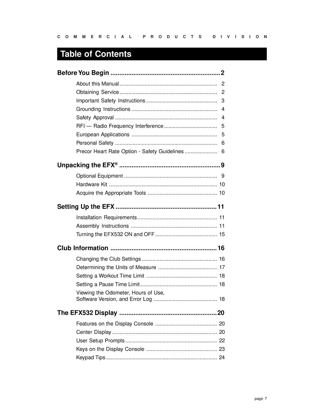 Precor EFX 532 owner manual Table of Contents 