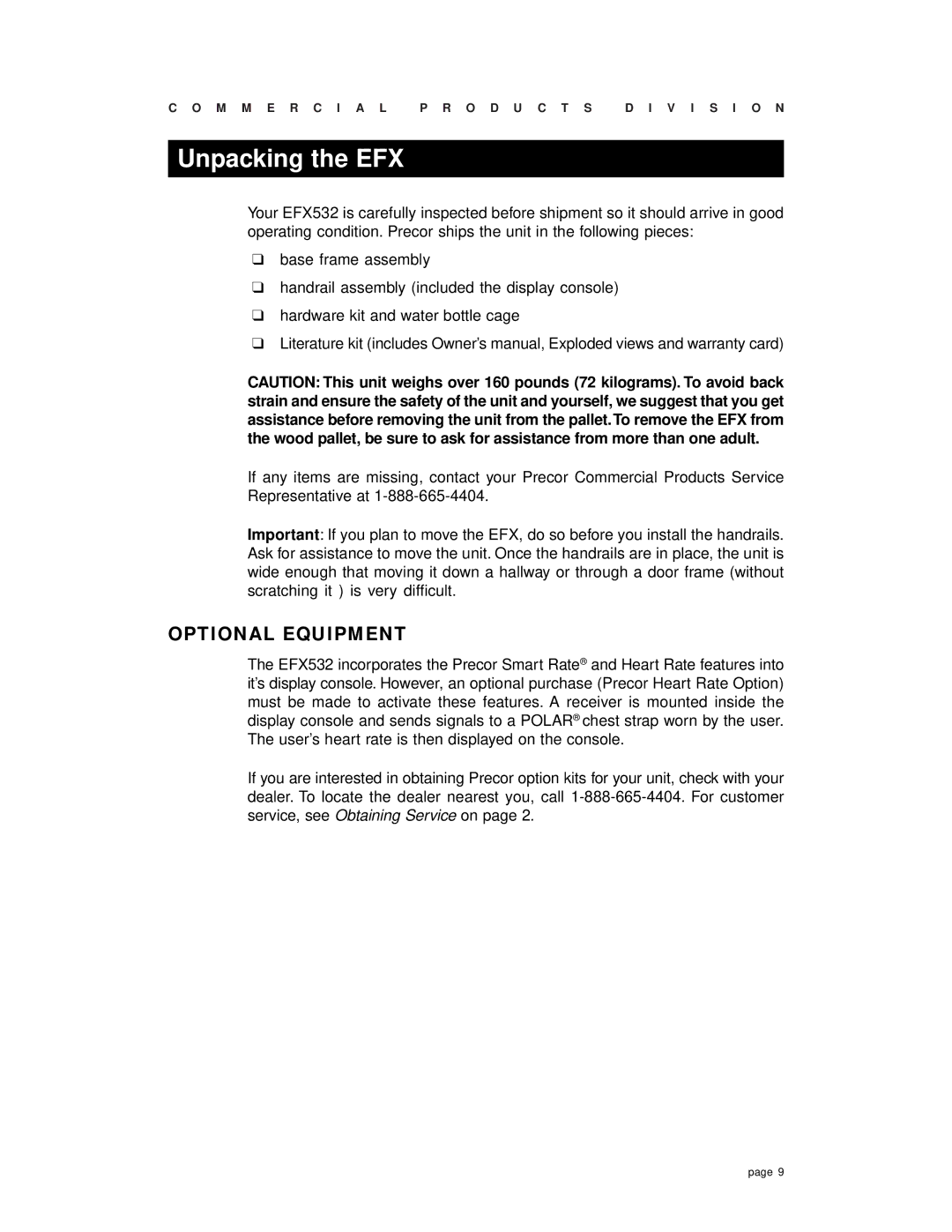 Precor EFX 532 owner manual Unpacking the EFX, Optional Equipment 