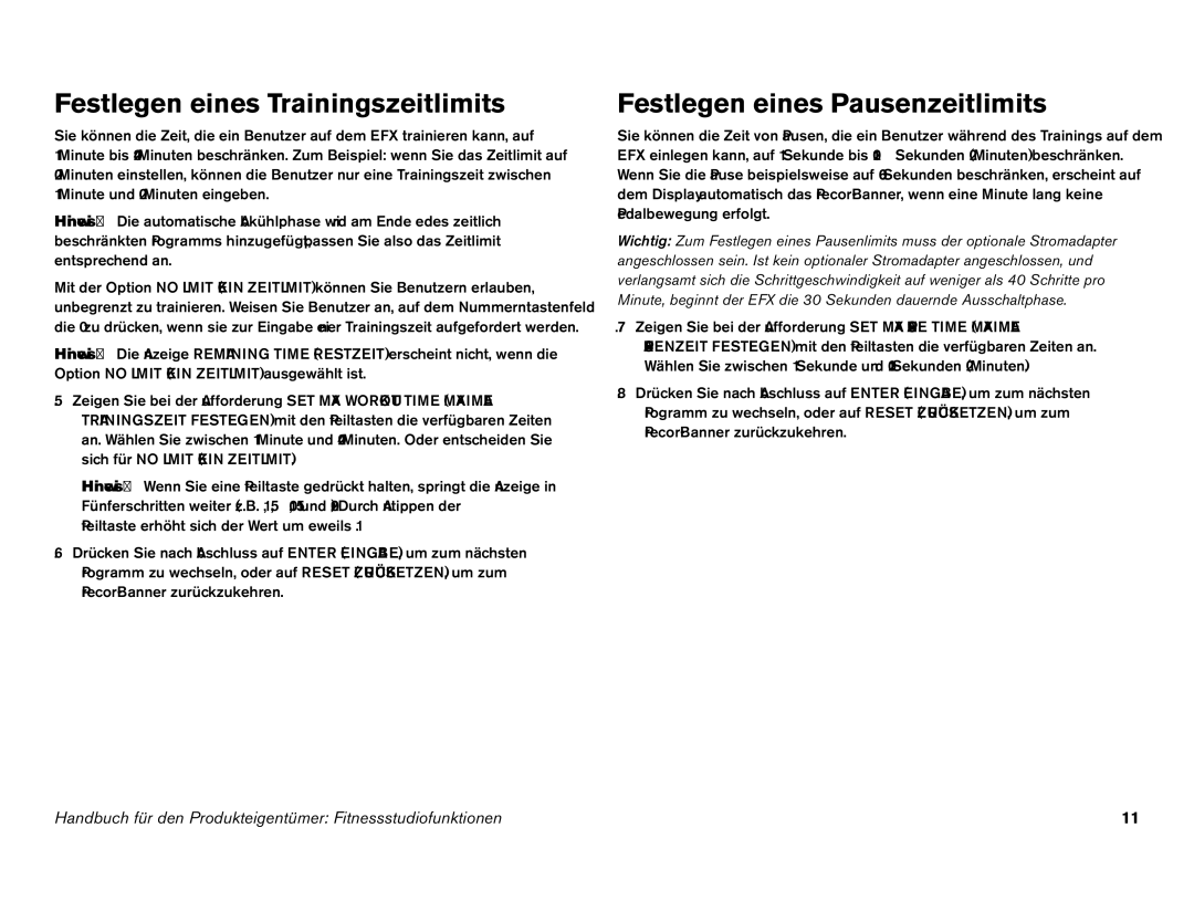 Precor EFX 546i manual Festlegen eines Trainingszeitlimits, Festlegen eines Pausenzeitlimits 