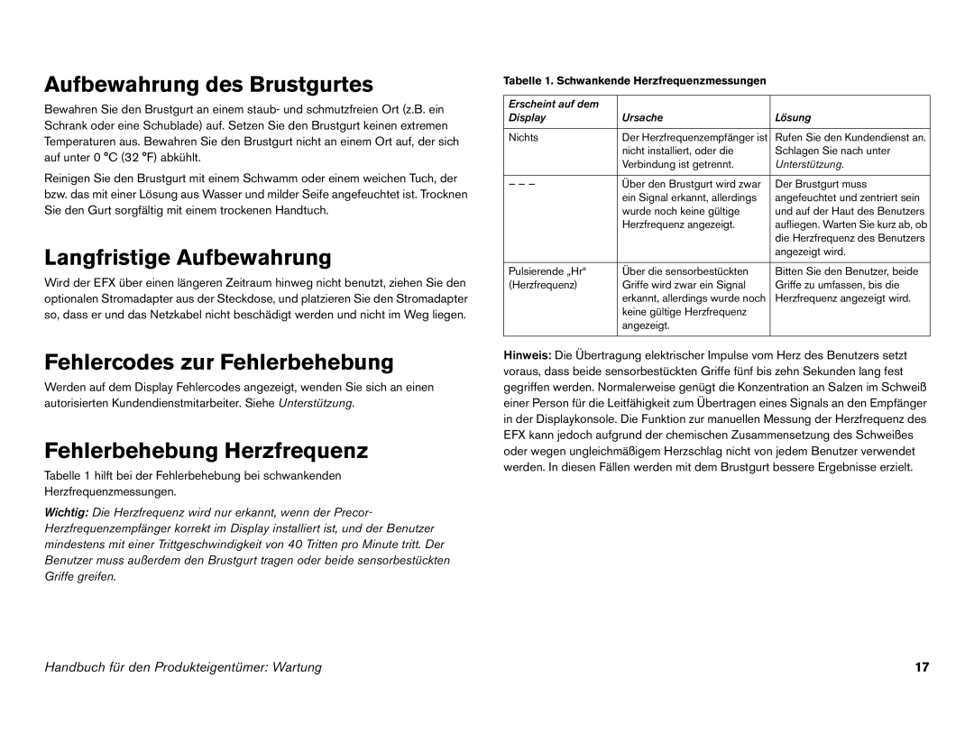 Precor EFX 546i manual Aufbewahrung des Brustgurtes, Langfristige Aufbewahrung, Fehlercodes zur Fehlerbehebung 