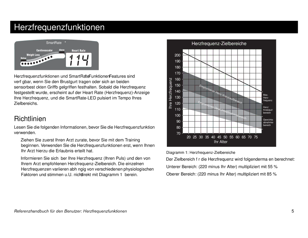 Precor EFX 546i manual Herzfrequenzfunktionen, Richtlinien 