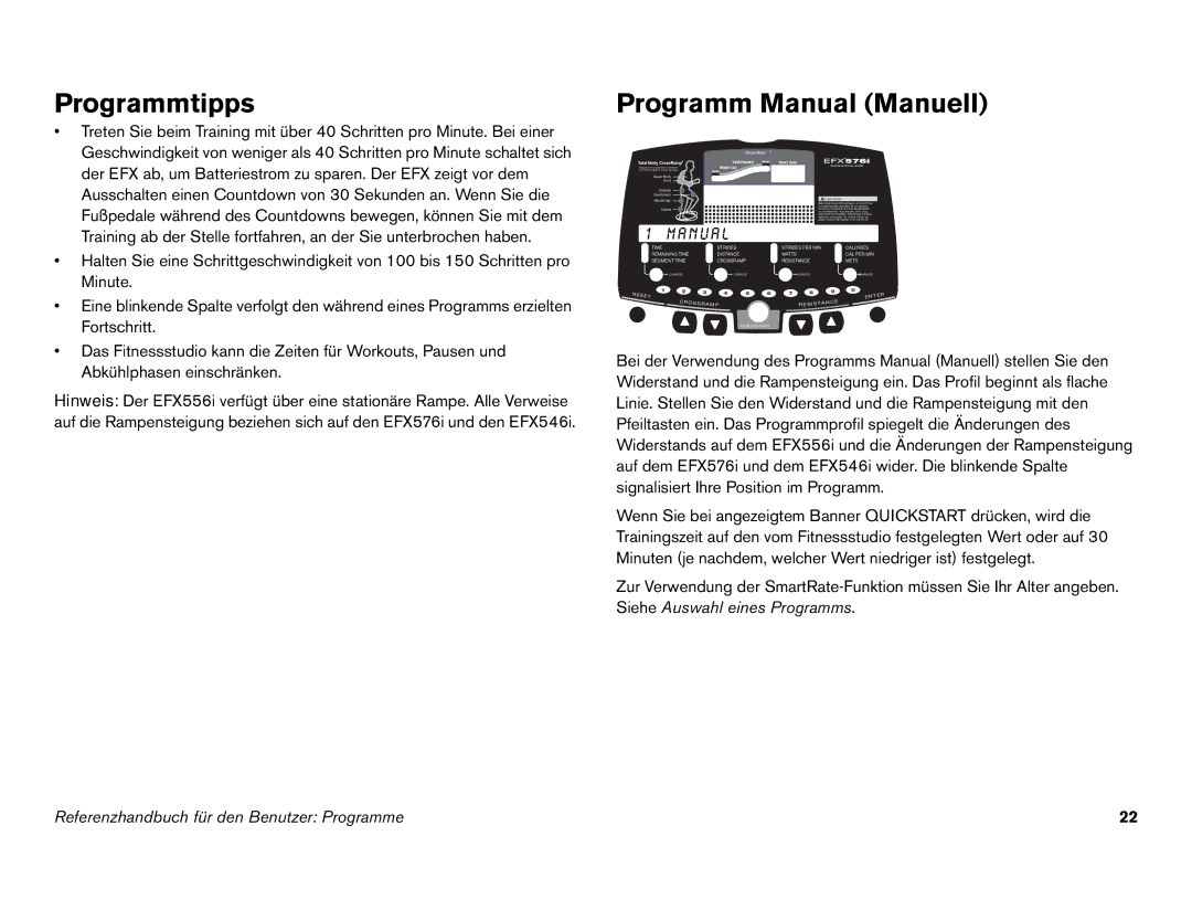 Precor EFX 546i manual Programmtipps, Programm Manual Manuell 