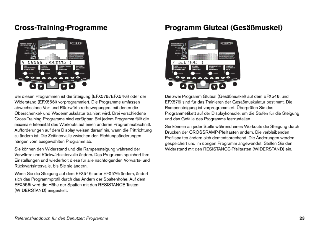 Precor EFX 546i manual Cross-Training-Programme, Programm Gluteal Gesäßmuskel 