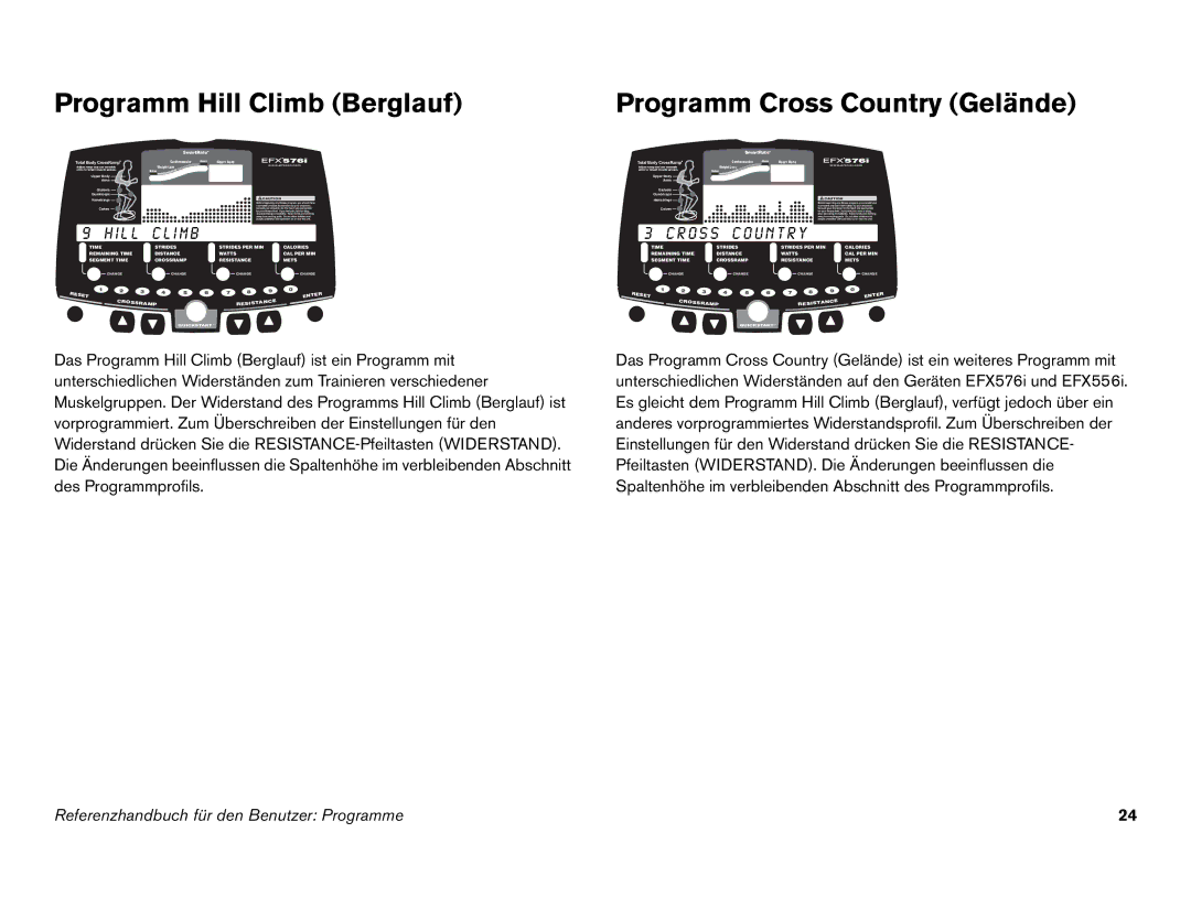 Precor EFX 546i manual Programm Hill Climb Berglauf, Programm Cross Country Gelände 