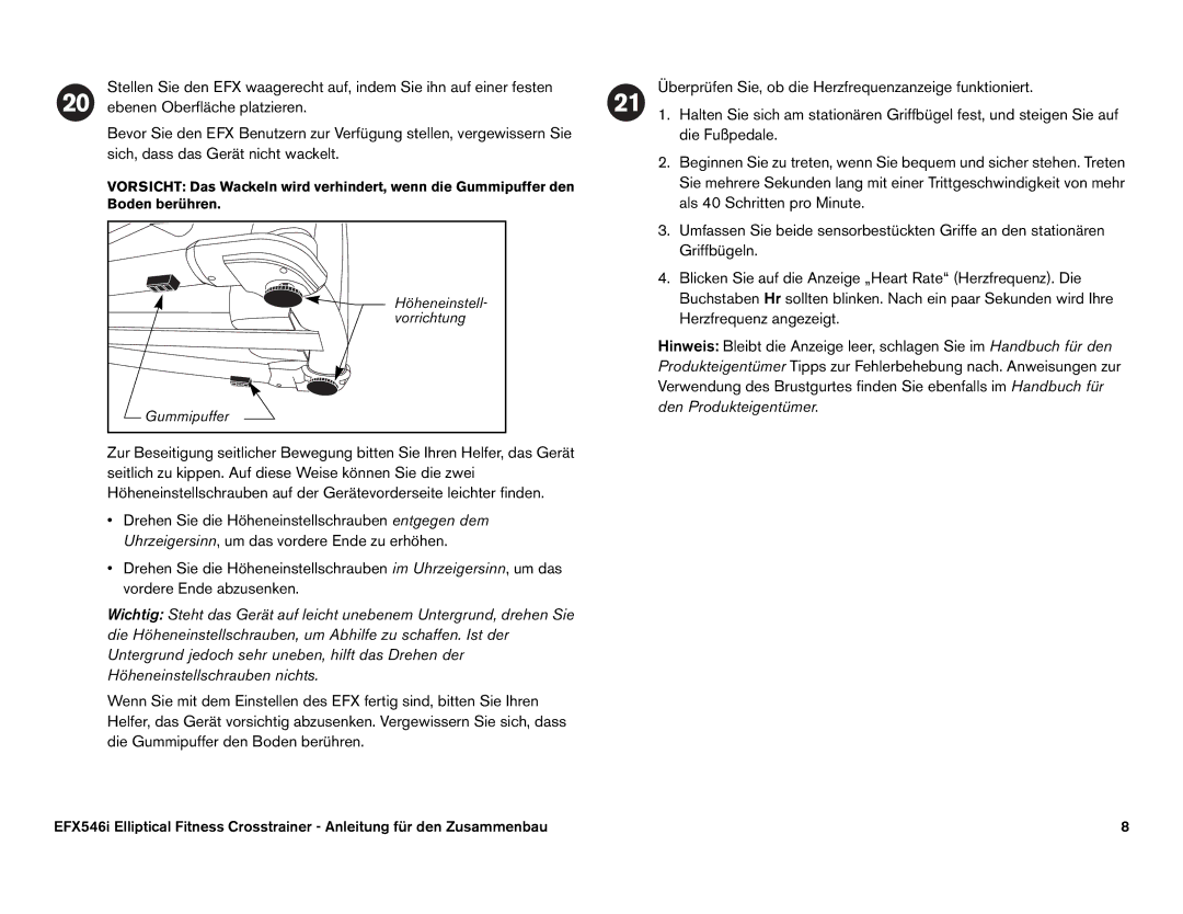 Precor EFX 546i manual Höheneinstell- vorrichtung Gummipuffer 