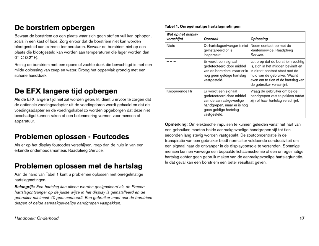 Precor EFX 546i, EFX 556i manual De borstriem opbergen, De EFX langere tijd opbergen, Problemen oplossen Foutcodes 