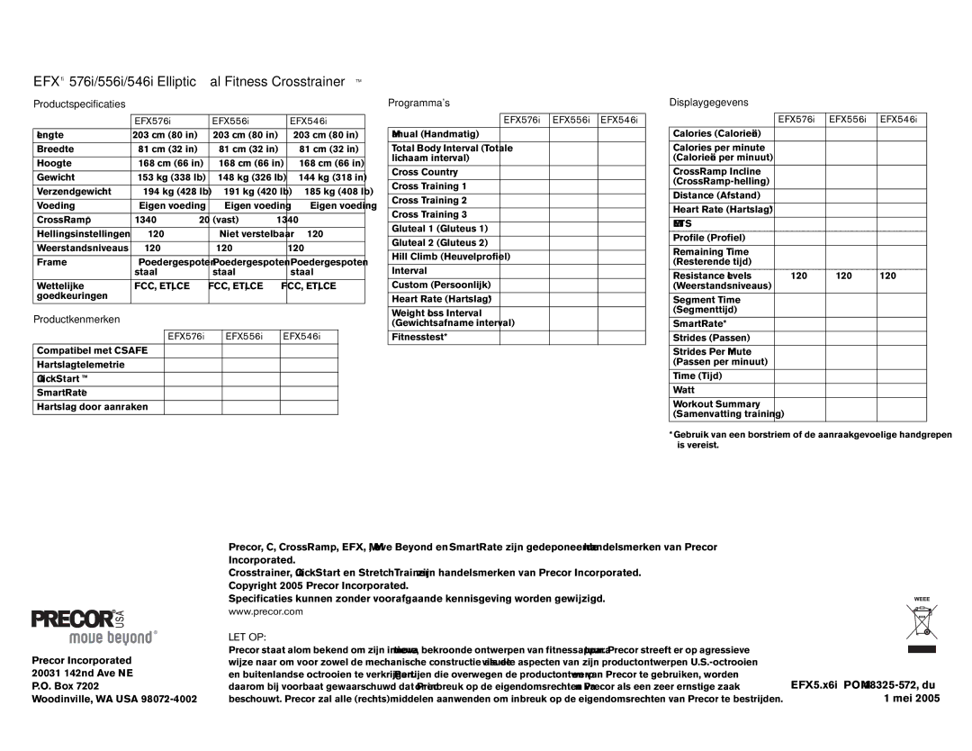 Precor EFX 556i, EFX 546i manual EFX 576i/556i/546i Elliptical Fitness CrosstrainerTM 