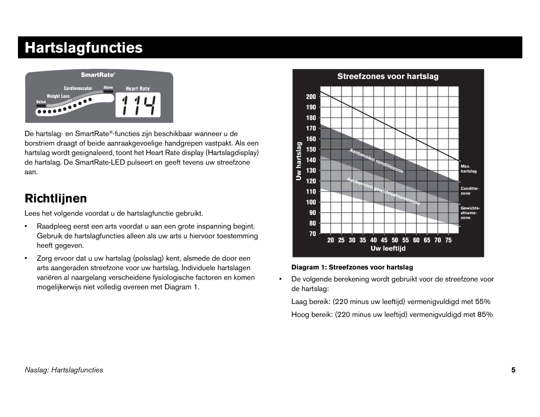 Precor EFX 546i, EFX 556i manual Hartslagfuncties, Richtlijnen 