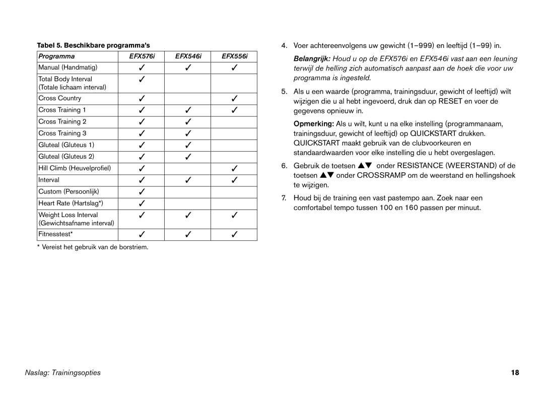 Precor EFX 556i, EFX 546i manual Voer achtereenvolgens uw gewicht 1-999 en leeftijd 1-99 