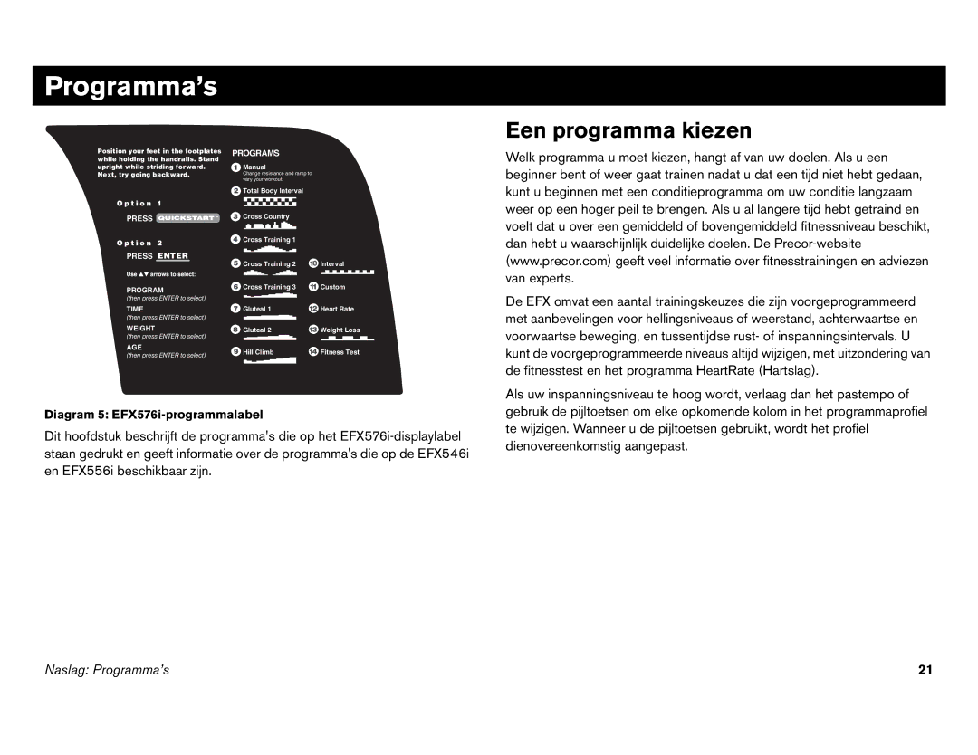 Precor EFX 546i, EFX 556i manual Programma’s, Een programma kiezen 