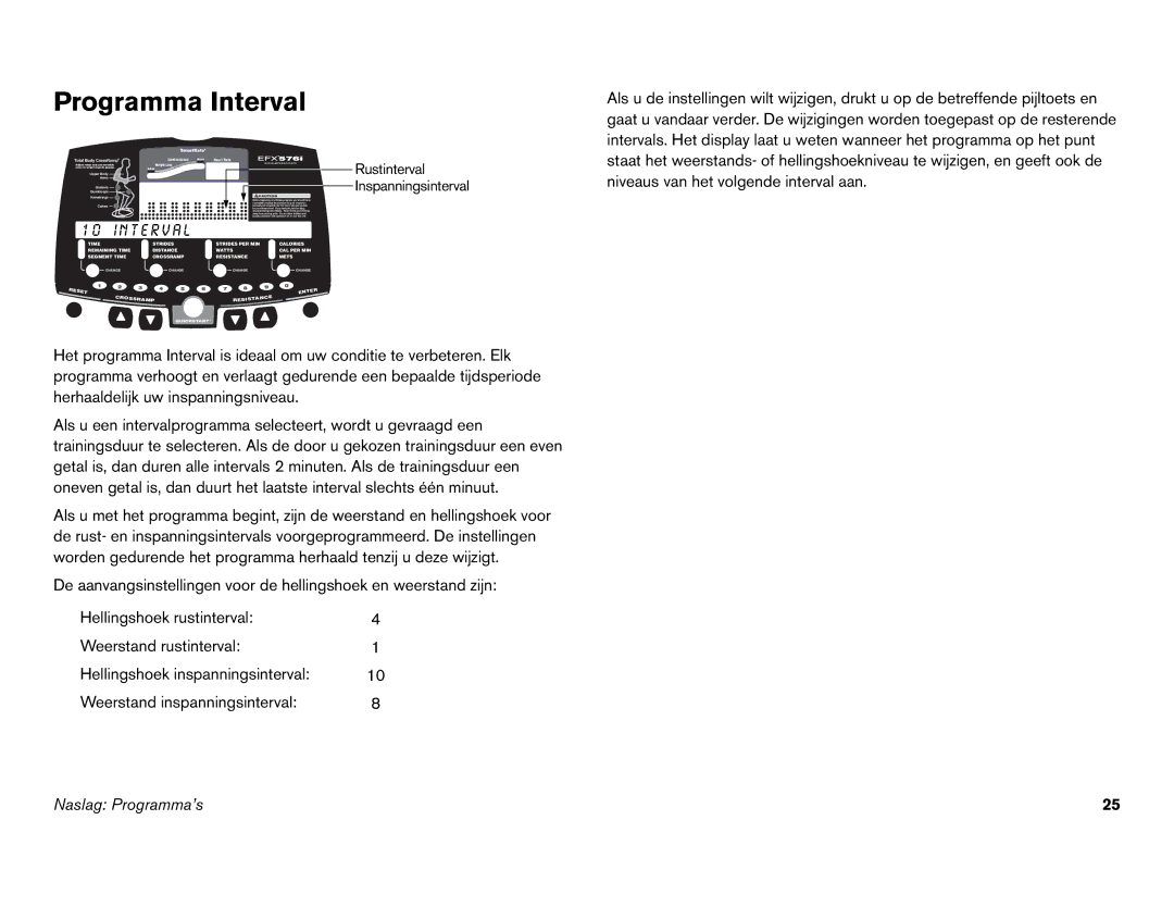 Precor EFX 546i, EFX 556i manual Programma Interval, Arms Gluteals Quadriceps Hamstrings 