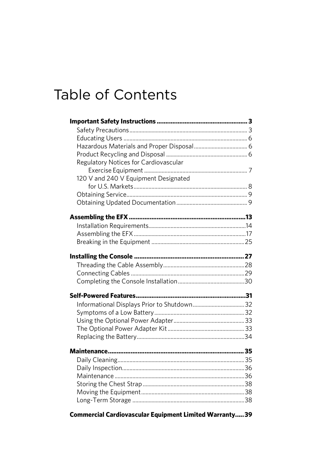 Precor EFX 821 manual Table of Contents 