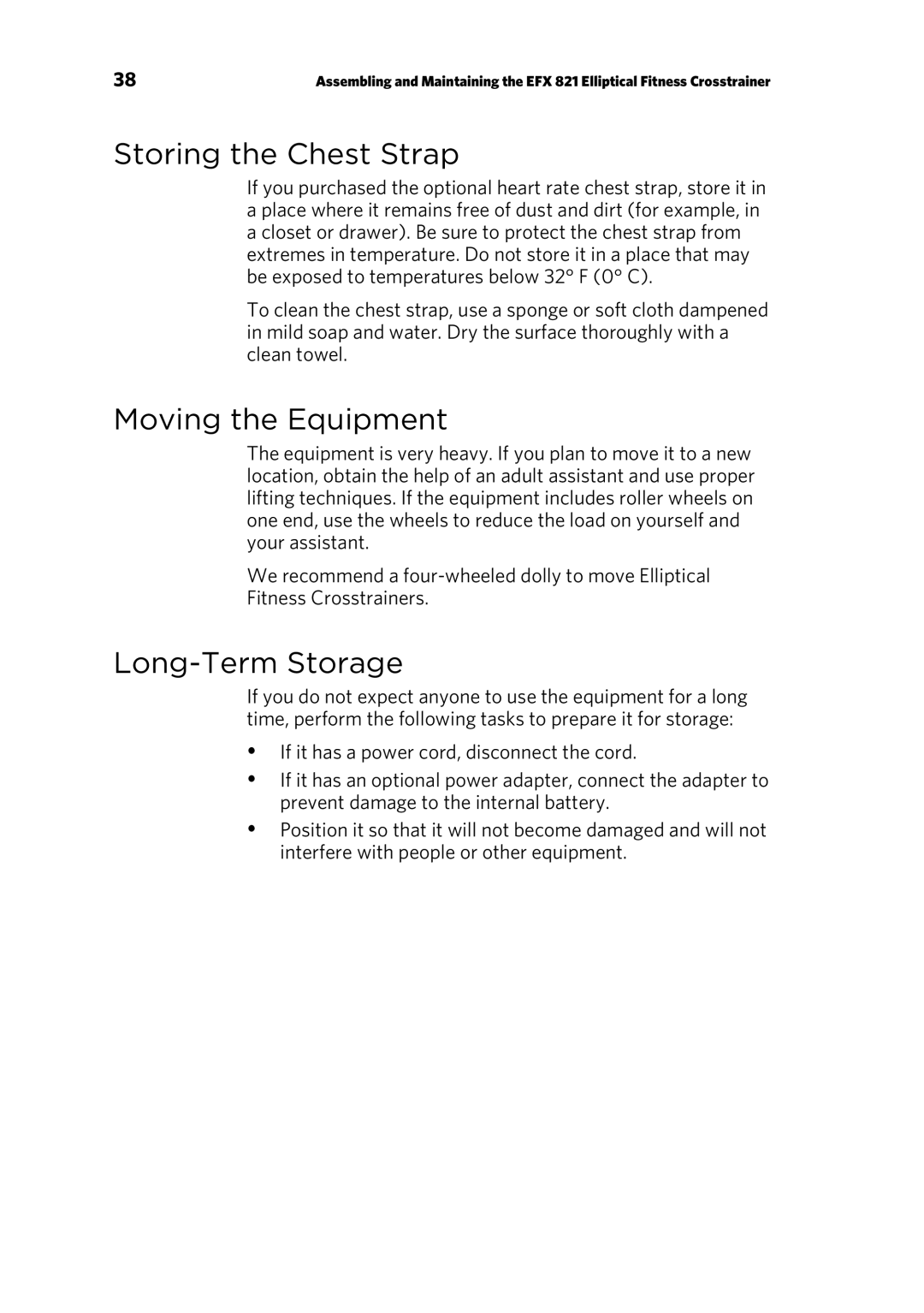 Precor EFX 821 manual Storing the Chest Strap, Moving the Equipment, Long-Term Storage 