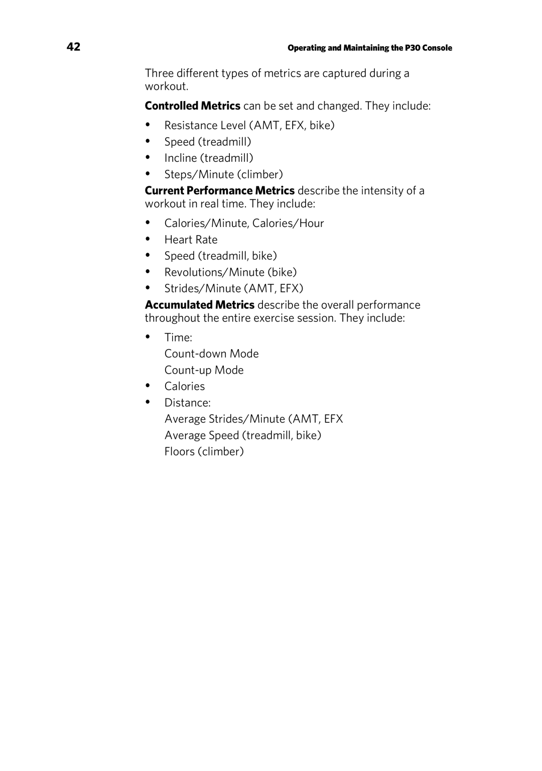 Precor EFX 833, EFX 883 warranty Operating and Maintaining the P30 Console 