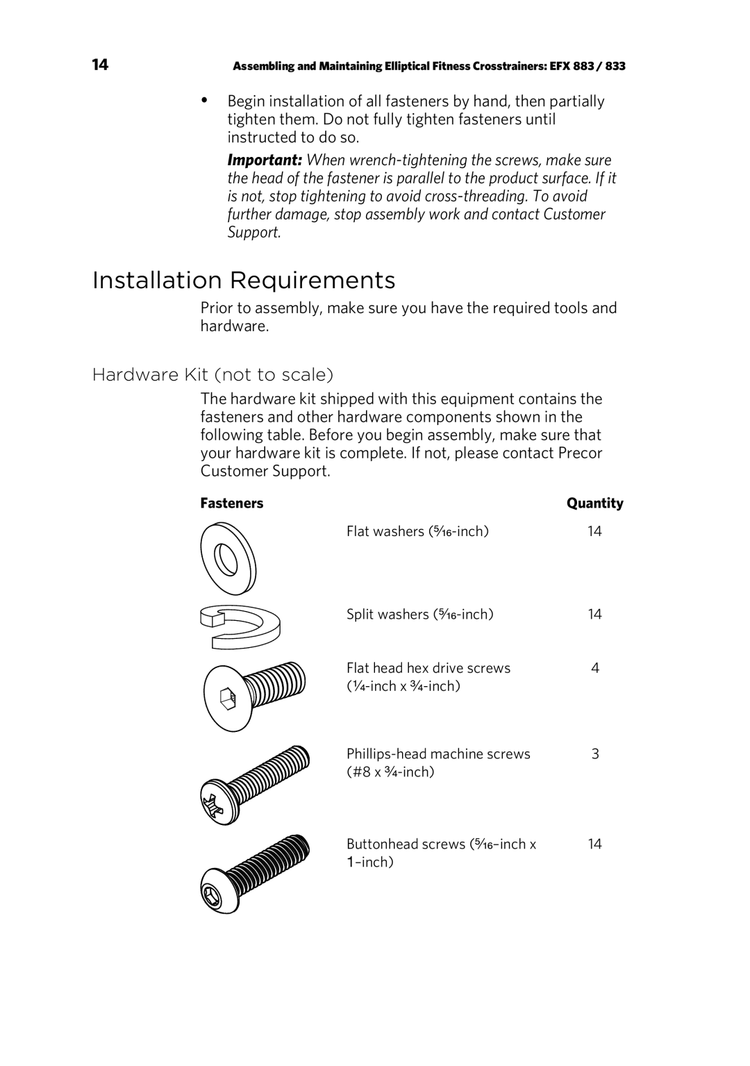 Precor EFX 833, EFX 883 warranty Installation Requirements, Hardware Kit not to scale, Fasteners 