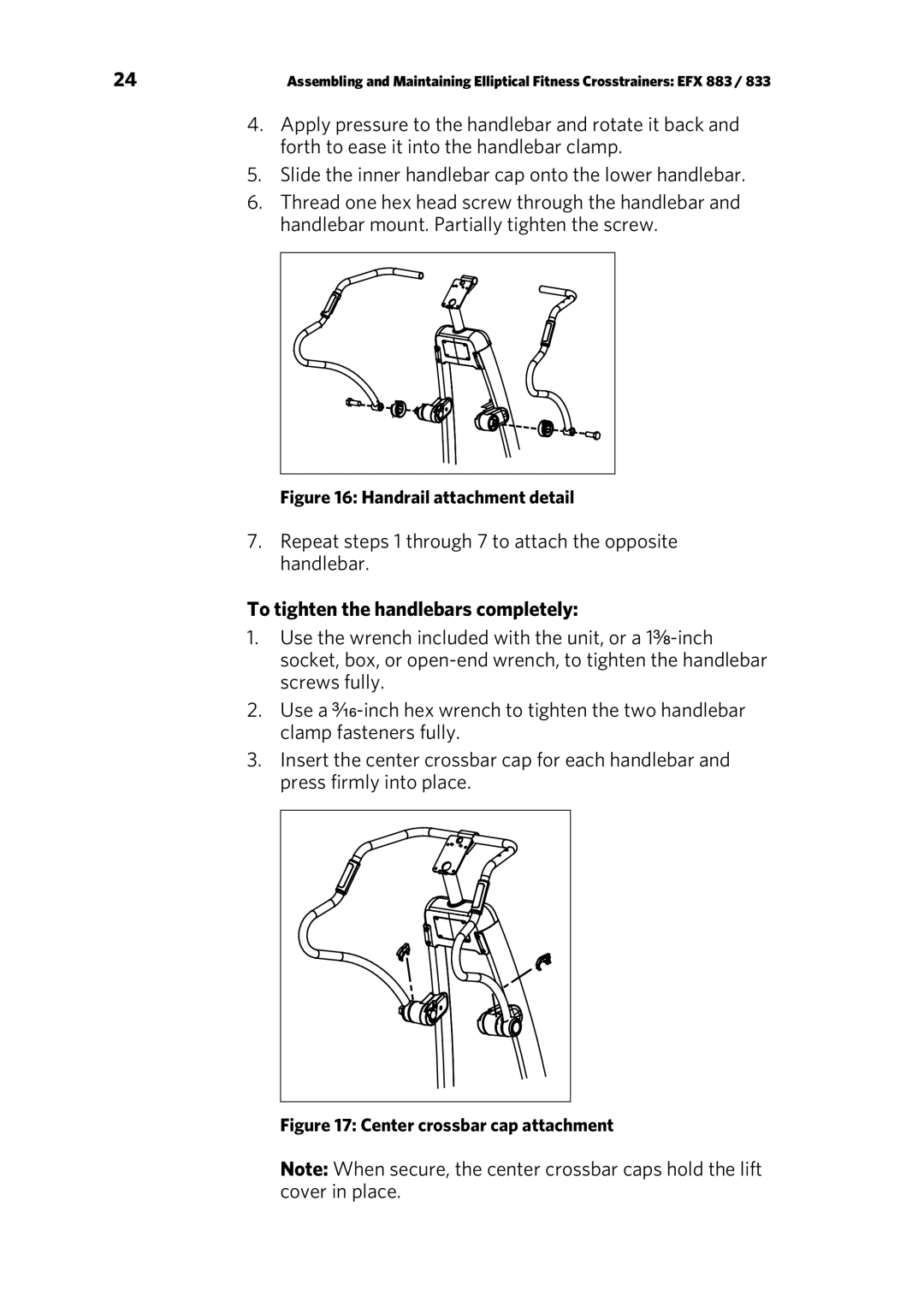 Precor EFX 833, EFX 883 warranty To tighten the handlebars completely, Handrail attachment detail 