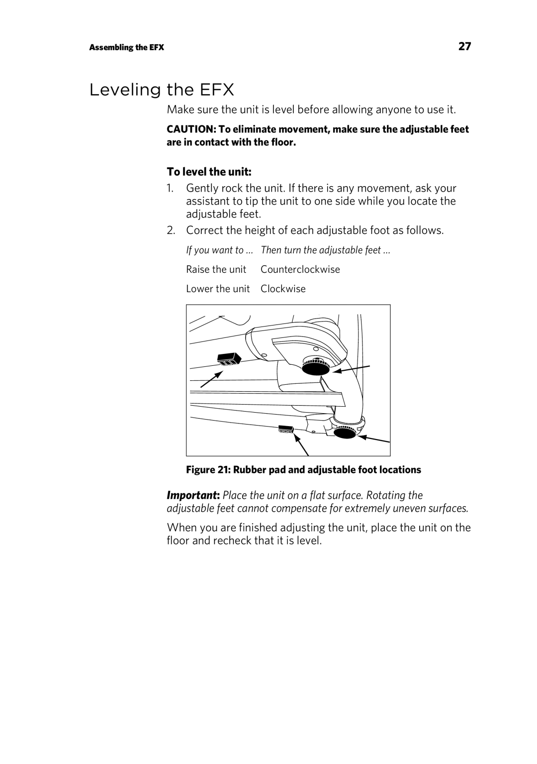 Precor EFX 883, EFX 833 warranty Leveling the EFX, To level the unit 