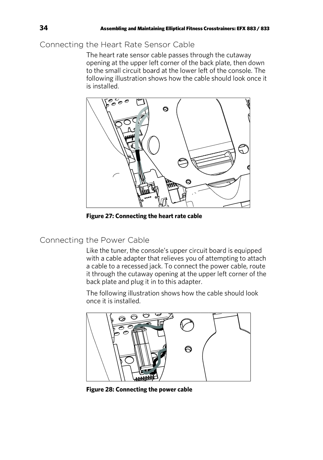 Precor EFX 833, EFX 883 warranty Connecting the Heart Rate Sensor Cable, Connecting the Power Cable 