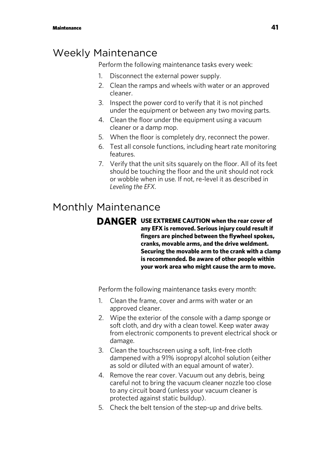 Precor EFX 883, EFX 833 warranty Weekly Maintenance, Monthly Maintenance 